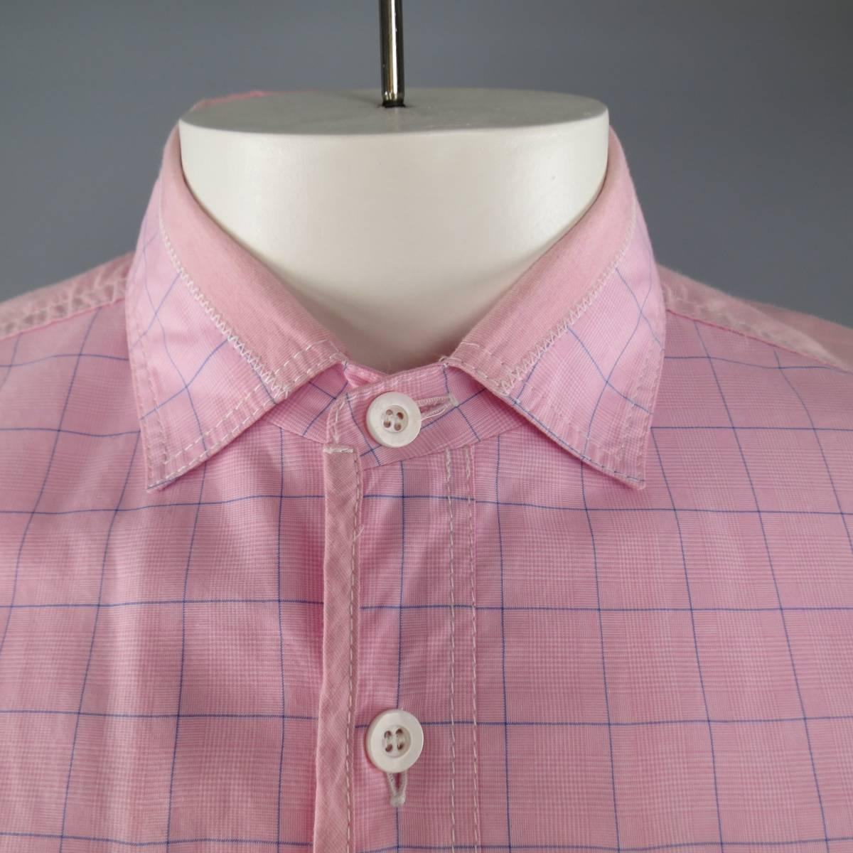 JUNYA WATANABE COmme Des Garcons MAN work inspired shirt in a pink and blue windowpane print cotton featuring a pointed collar, pink oxford fabric piping and back panel, green plaid side panels, and mini breast pocket. Minor stains. As-Is. Made in