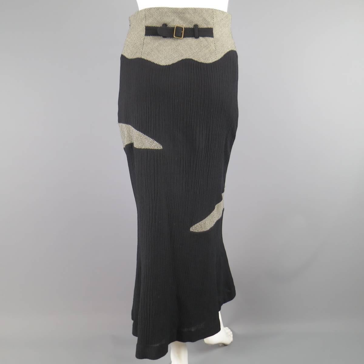 Vintage MATSUDA Size 4 Black Textured Wool / Nylon & Houndstooth Flare Skirt 2