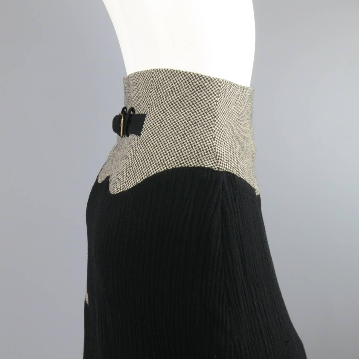 Vintage MATSUDA Size 4 Black Textured Wool / Nylon & Houndstooth Flare Skirt 1