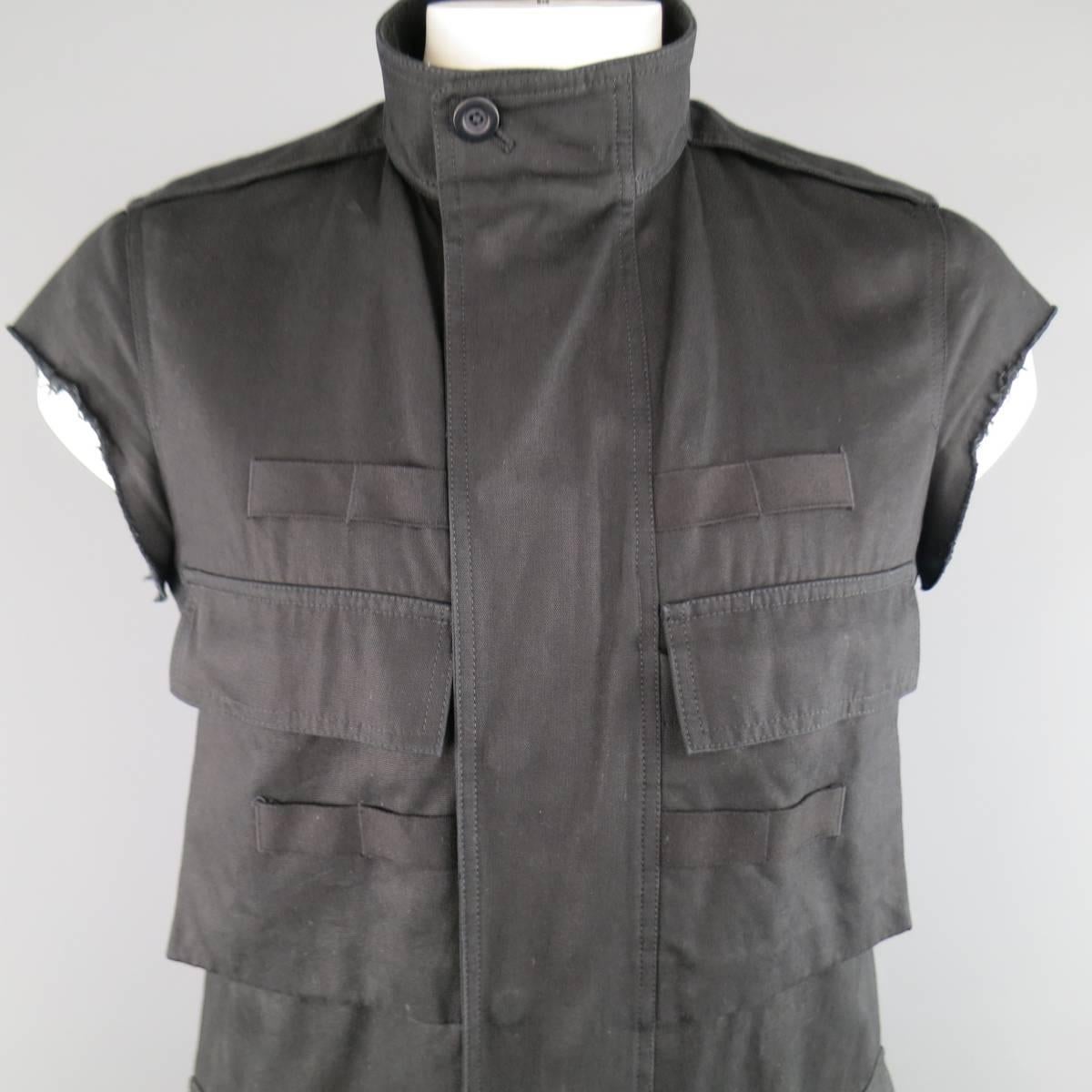 RICK OWENS CYCLOPS S/S 2016 Collection vest jacket in a black cotton canvas featuring a high collar with button closure, zip up front with hidden snap placket, raw edge cut cap sleeves, epaulets, and symmetrical patch flap military pockets with