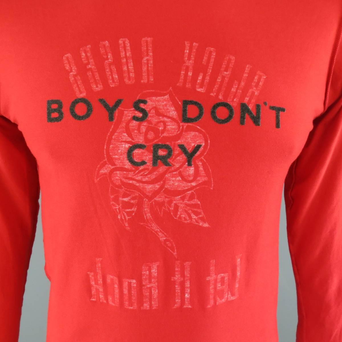 Rare JIL SANDER by Raf Simons long sleeve T-shirt in a vibrant red cotton jersey featuring an inside out "Black Roses Let it Rock" graphic with "Boys Don't Cry" printed over it. Made in Italy.
 
Excellent Pre-Owned