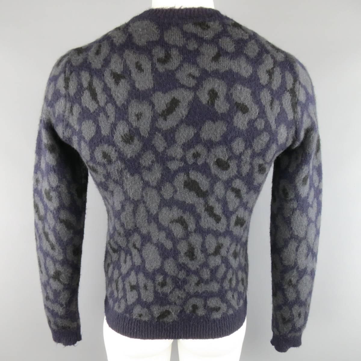 Black RAF SIMONS Size S Navy & Grey Cheetah Print Mohair Blend Pullover Sweater