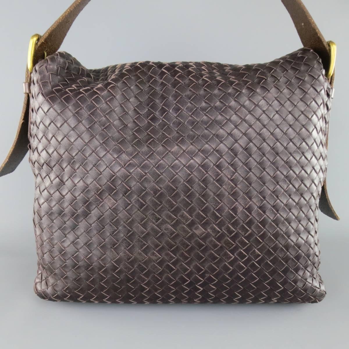 Gray BOTTEGA VENETA Bag Eggplant Intrecciato Woven Leather Brown Belt Strap Messenger