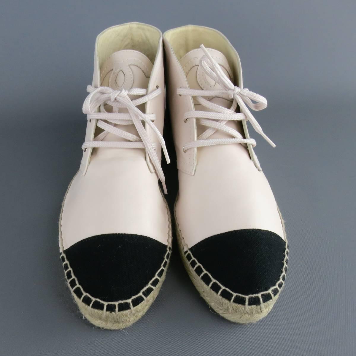 Women's CHANEL Size 12 Light Pink & Black Leather & Canvas Espadrille Chukka Boots