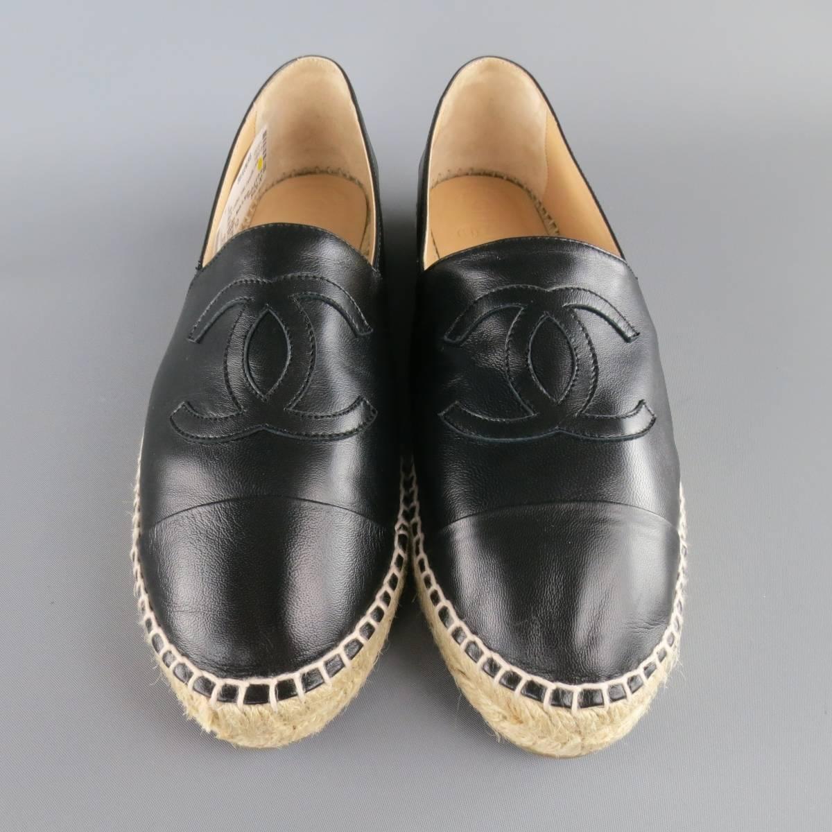 CHANEL Size 12 Black Lamb Skin Leather Espadrille Flats In Excellent Condition In San Francisco, CA