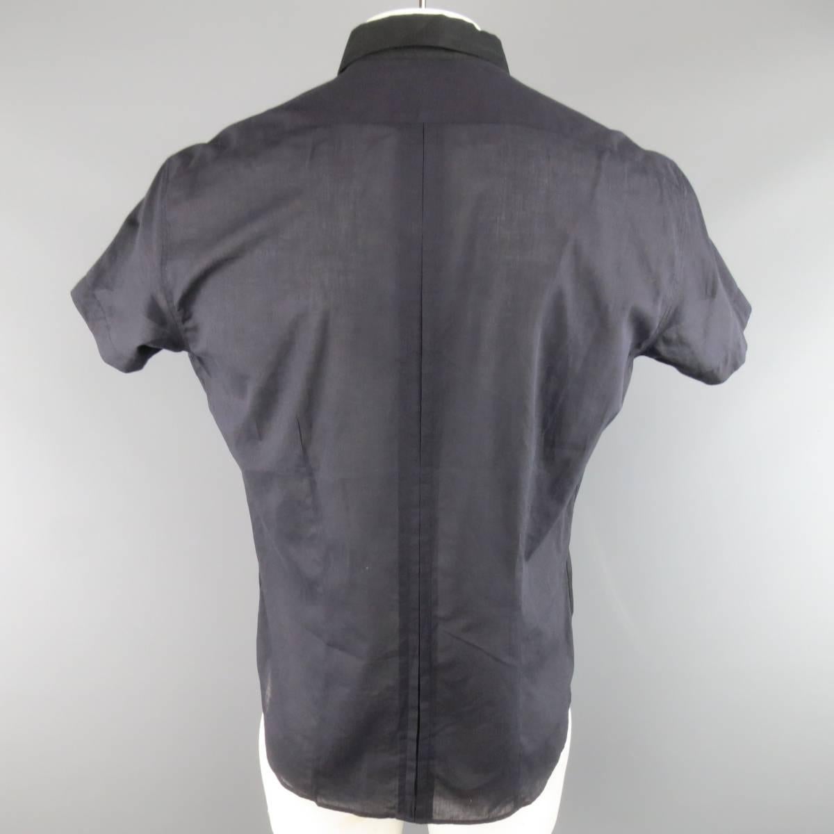 Men's DRIES VAN NOTEN Size L Black Mixed Fabrics Cotton Short Sleeve Shirt In Excellent Condition In San Francisco, CA