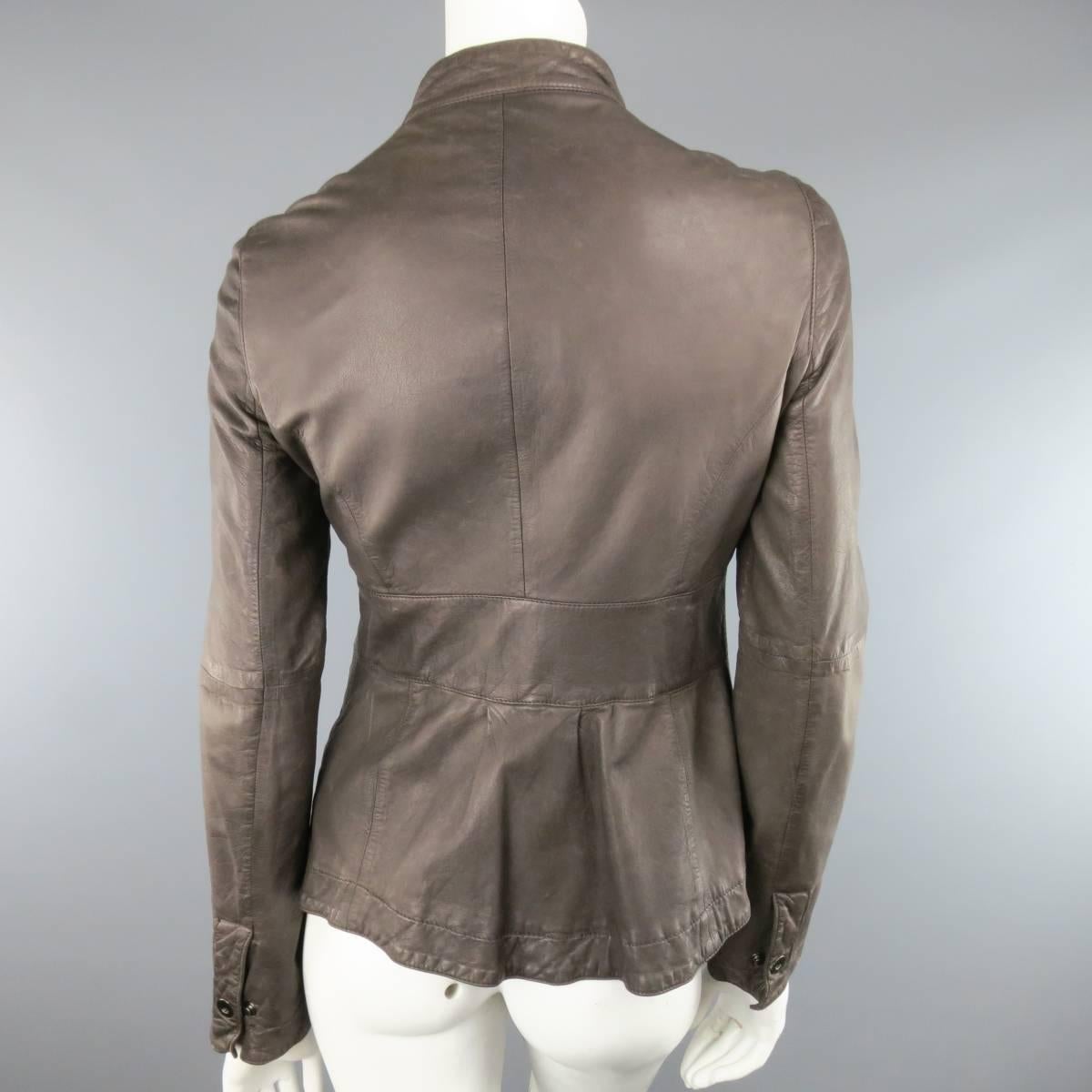 EMPORIO ARMANI Size 6 Taupe Distressed Leather Nehru Collar Snap Pocket Jacket 1