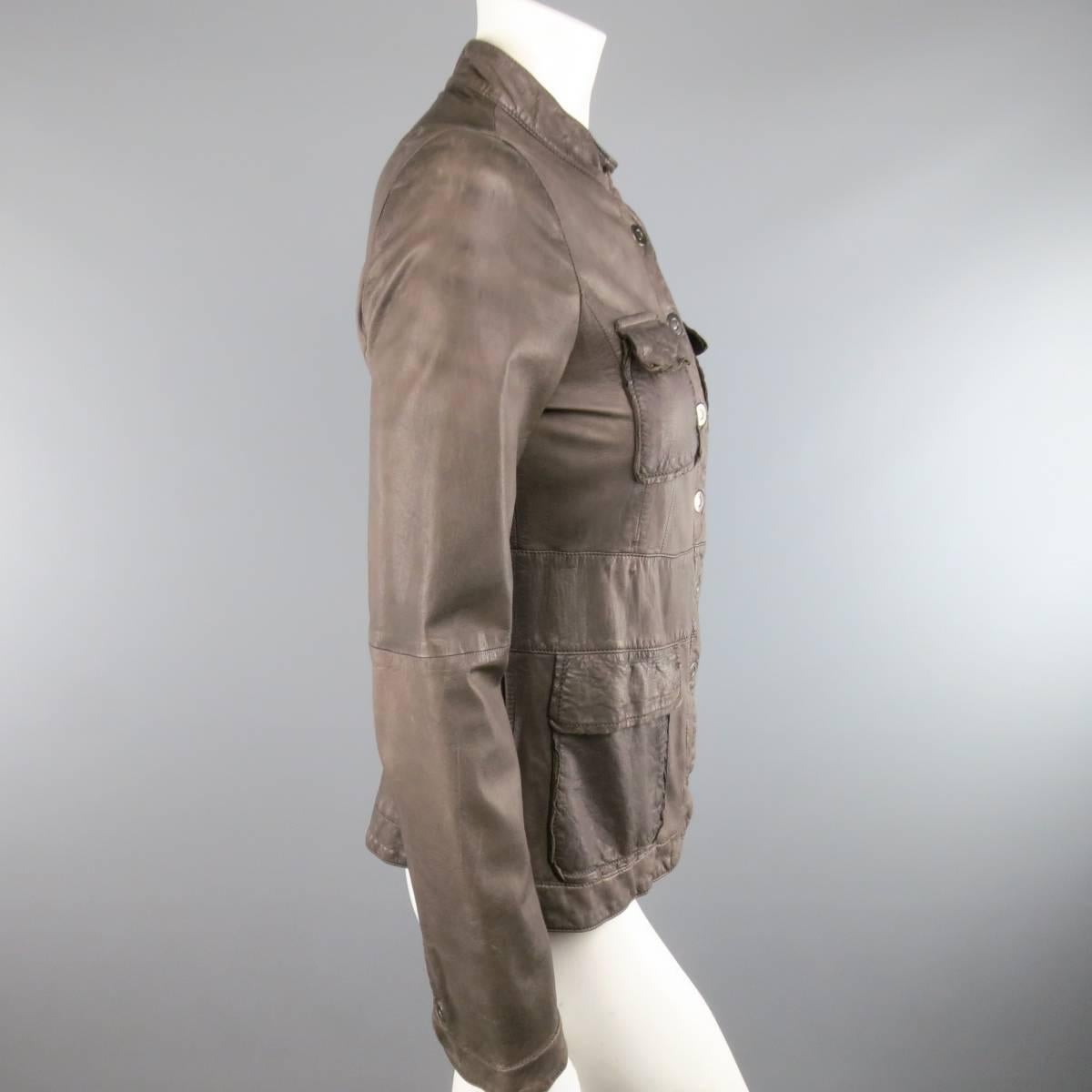 EMPORIO ARMANI Size 6 Taupe Distressed Leather Nehru Collar Snap Pocket Jacket In Fair Condition In San Francisco, CA