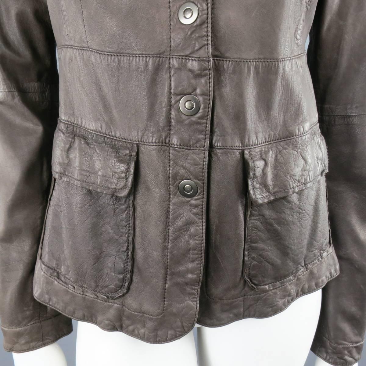 Gray EMPORIO ARMANI Size 6 Taupe Distressed Leather Nehru Collar Snap Pocket Jacket