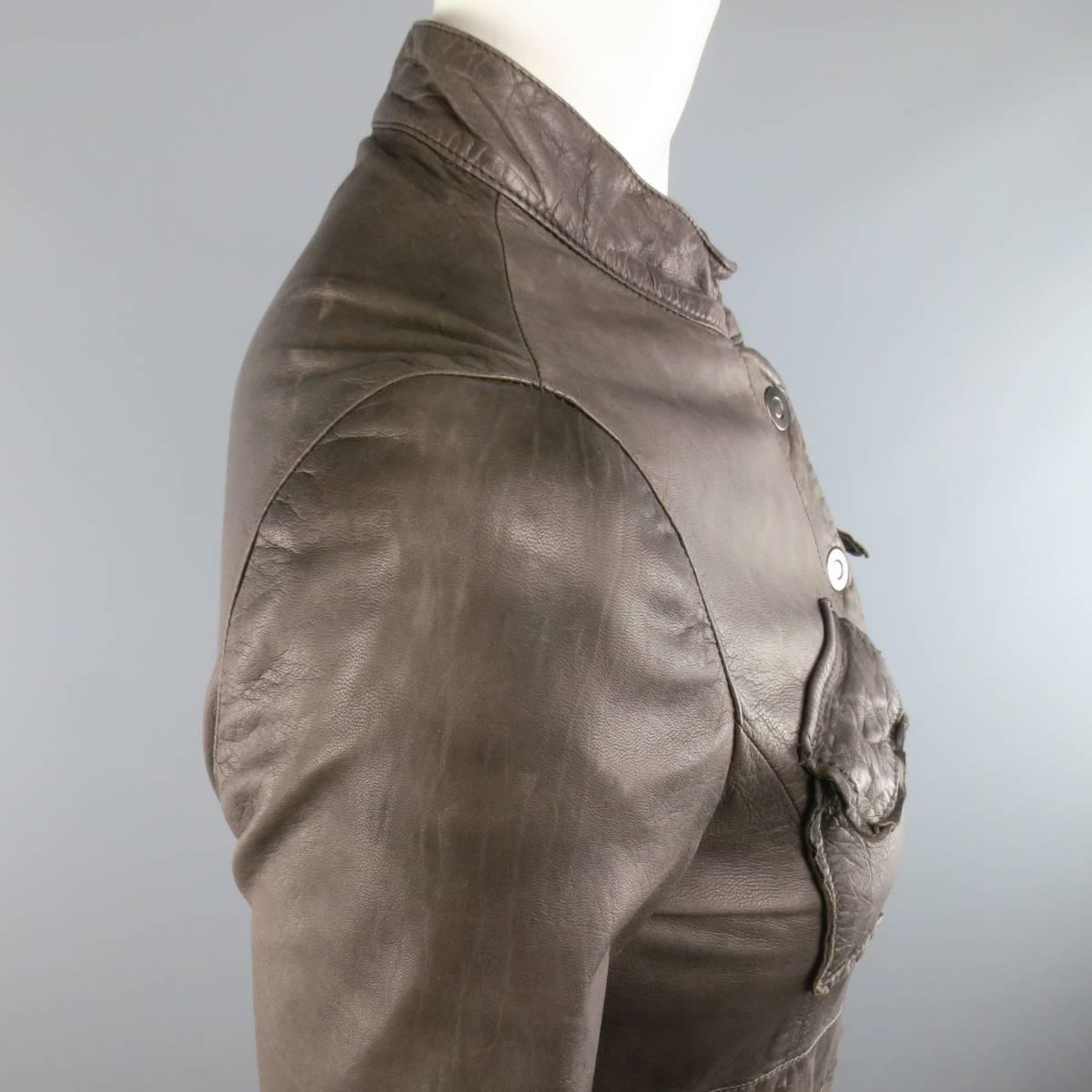 Women's EMPORIO ARMANI Size 6 Taupe Distressed Leather Nehru Collar Snap Pocket Jacket