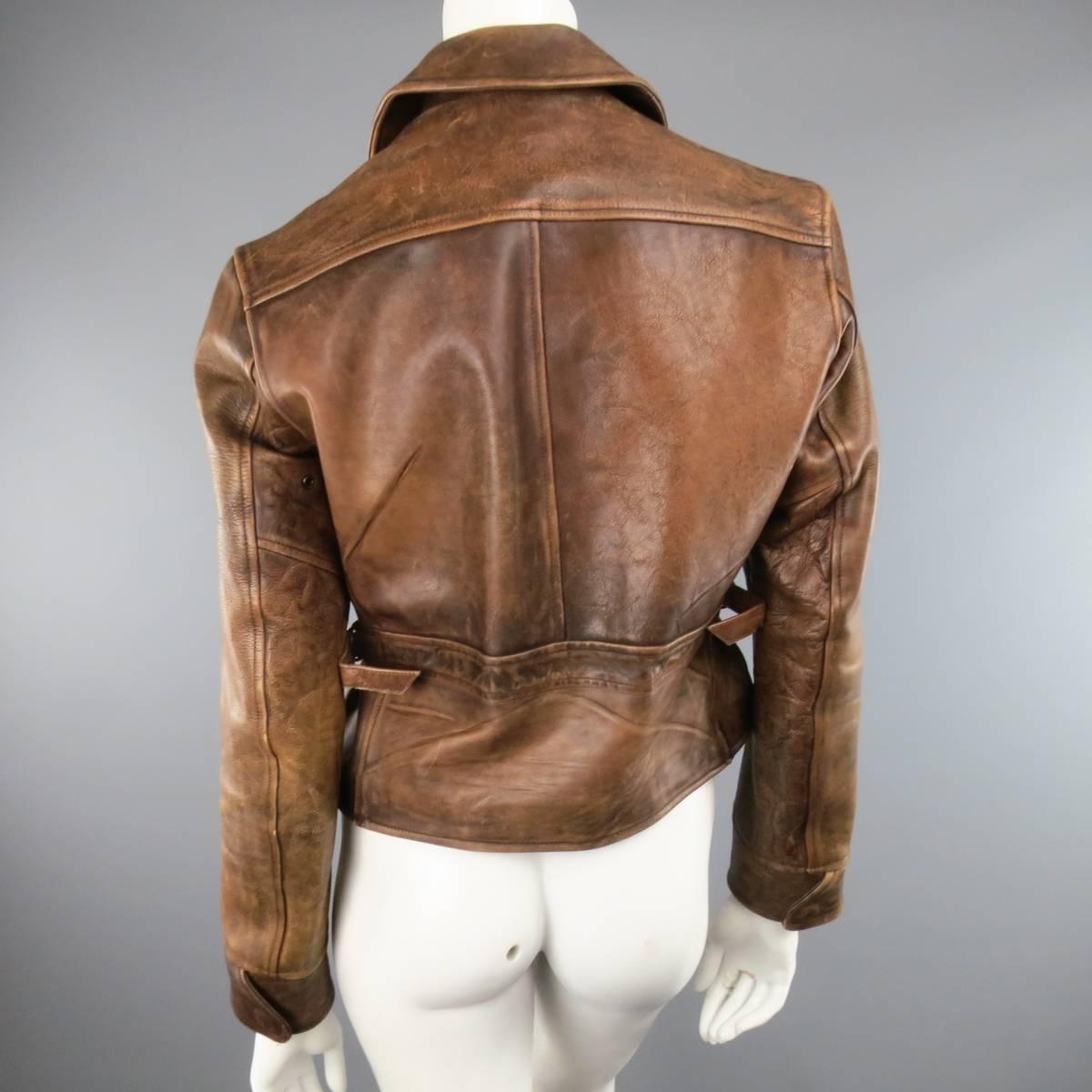 Brown RALPH LAUREN Size M Tan Distressed Leather Biker Jacket