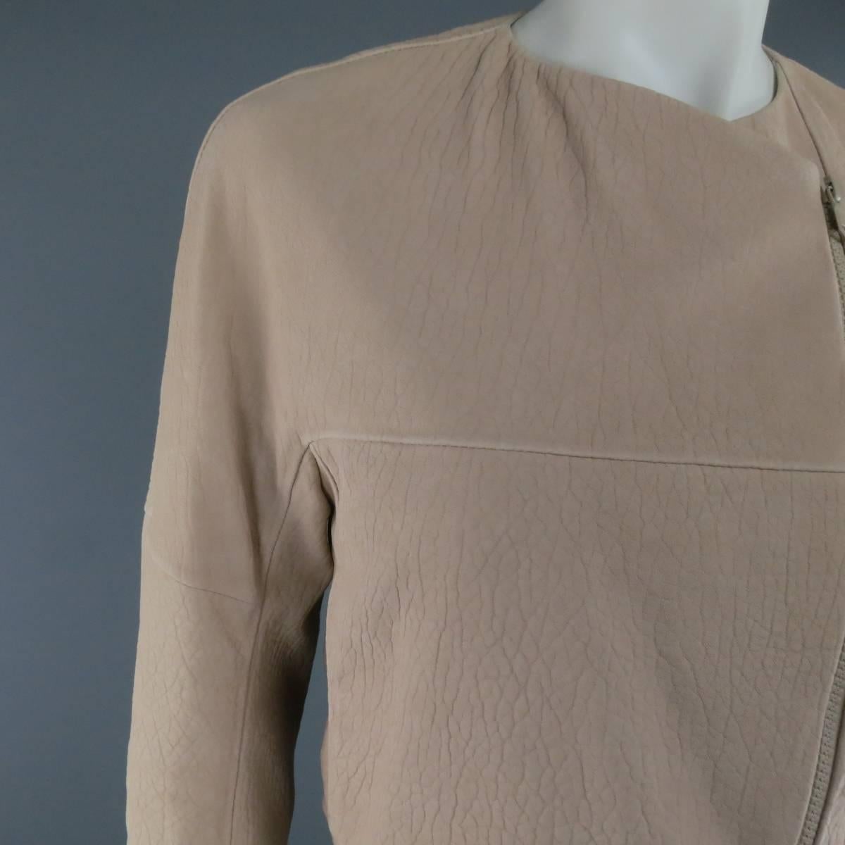 Beige BRUNELLO CUCINELLI Jacket - Size 2 Rose Pink Textured Leather Moto