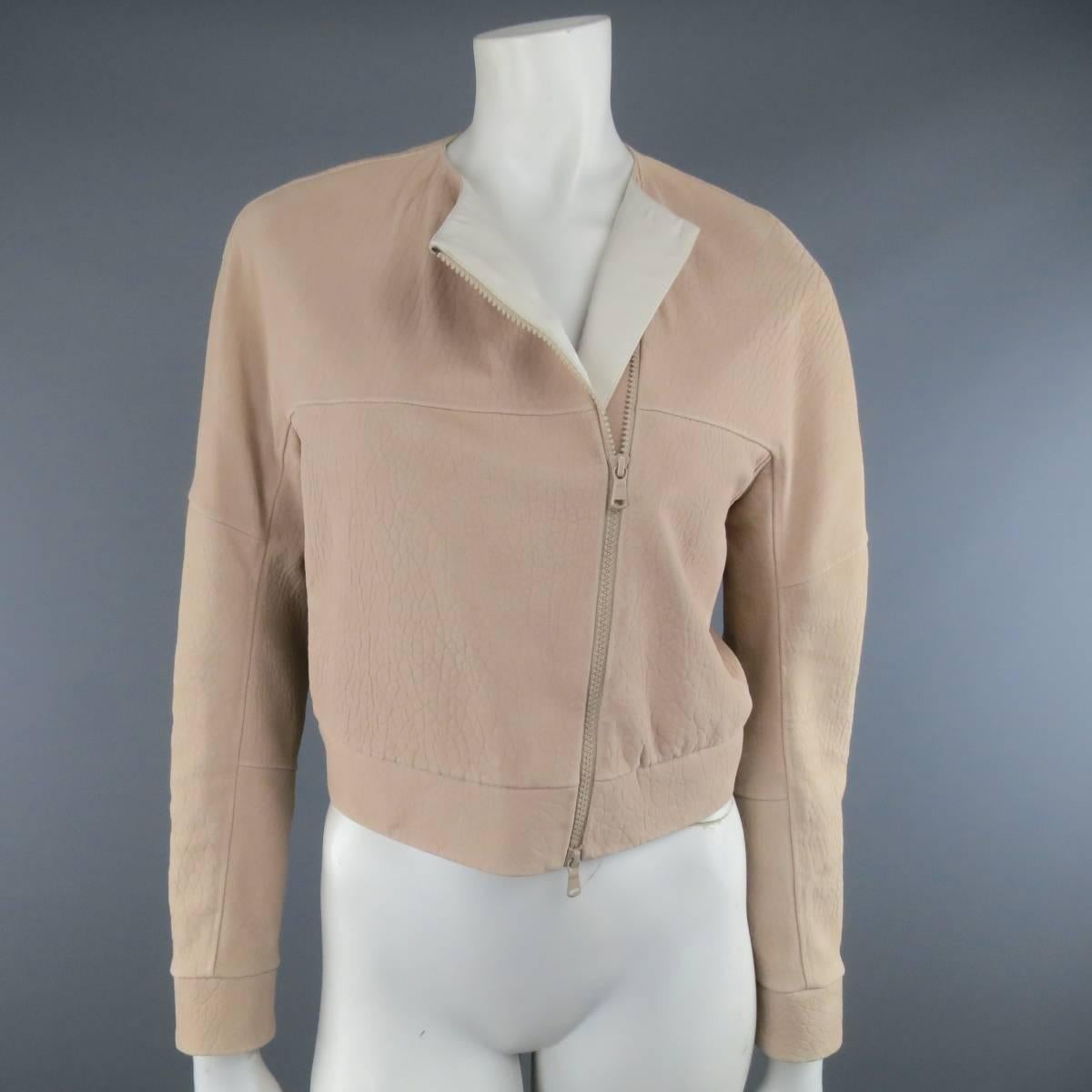 BRUNELLO CUCINELLI Jacket - Size 2 Rose Pink Textured Leather Moto In Good Condition In San Francisco, CA