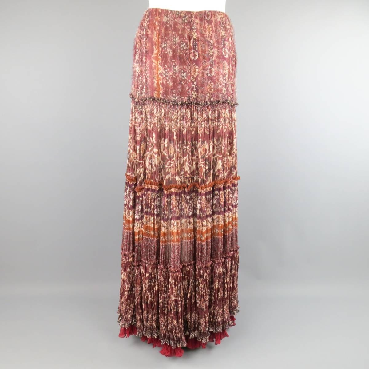 OSCAR DE LA RENTA Skirt - Size 8 Burgundy Floral Textured Silk Boho Maxi Skirt 4