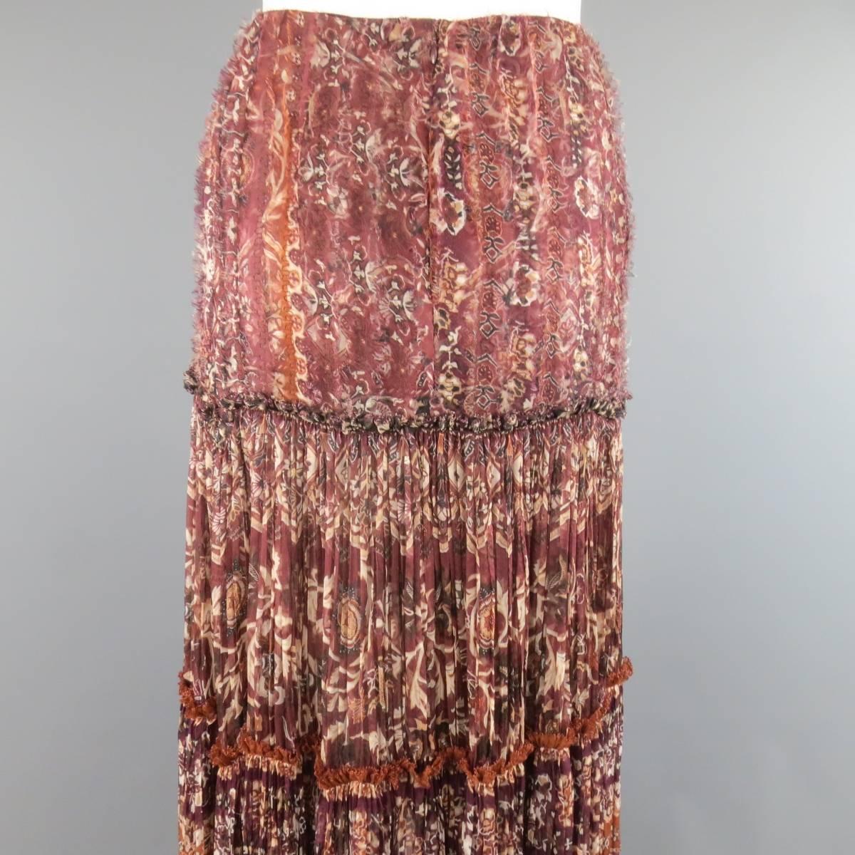 OSCAR DE LA RENTA Skirt - Size 8 Burgundy Floral Textured Silk Boho Maxi Skirt 3