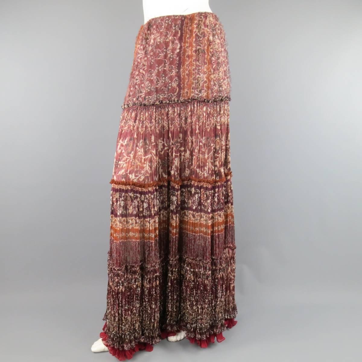 Brown OSCAR DE LA RENTA Skirt - Size 8 Burgundy Floral Textured Silk Boho Maxi Skirt