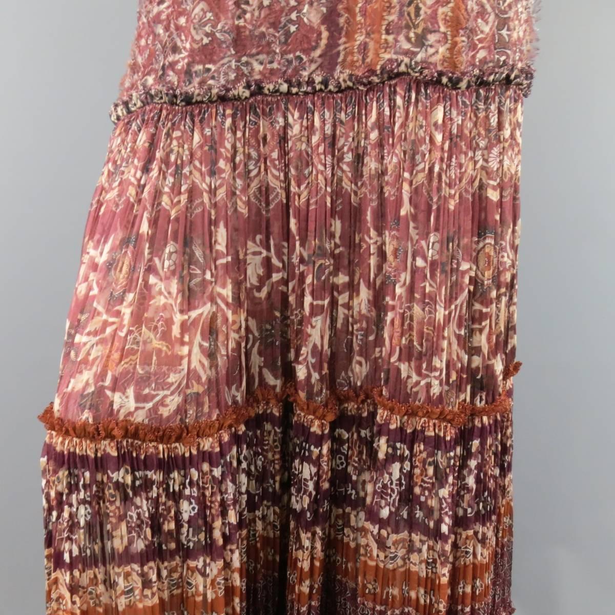 Women's OSCAR DE LA RENTA Skirt - Size 8 Burgundy Floral Textured Silk Boho Maxi Skirt