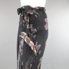 DRIES VAN NOTEN Size 36 Black Floral Silk Wrap Maxi Skirt