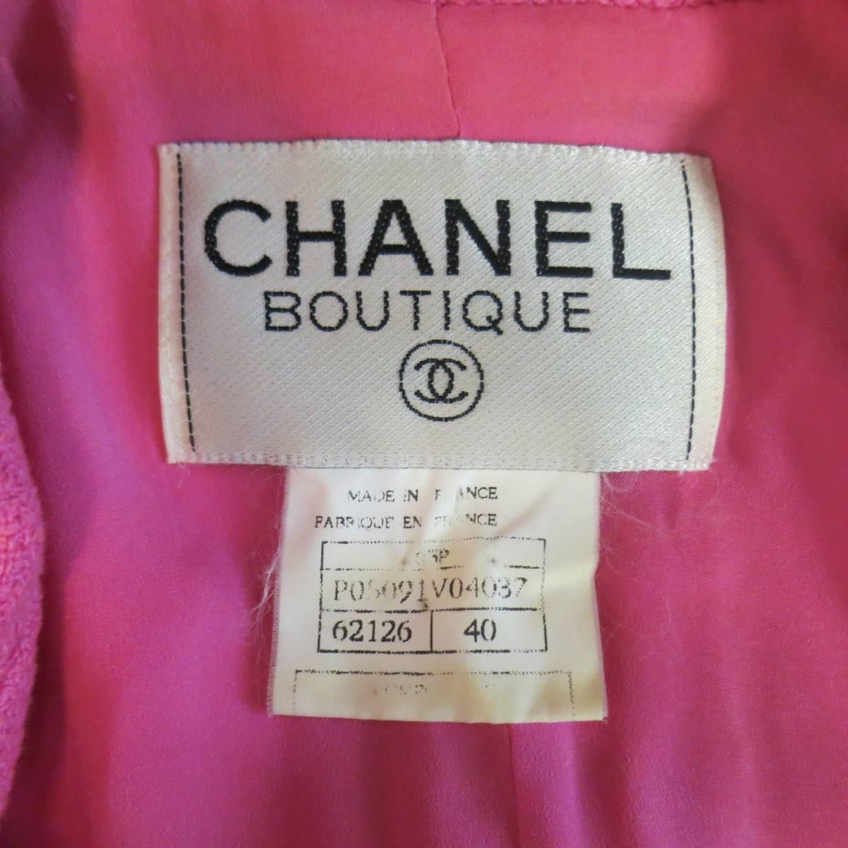 Vintage CHANEL 1995 8 Fuchsia Pink Collared Black Patent Piping Cropped Jacket 2