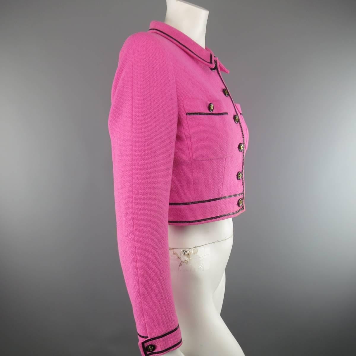 Vintage CHANEL 1995 8 Fuchsia Pink Collared Black Patent Piping Cropped Jacket In Fair Condition In San Francisco, CA