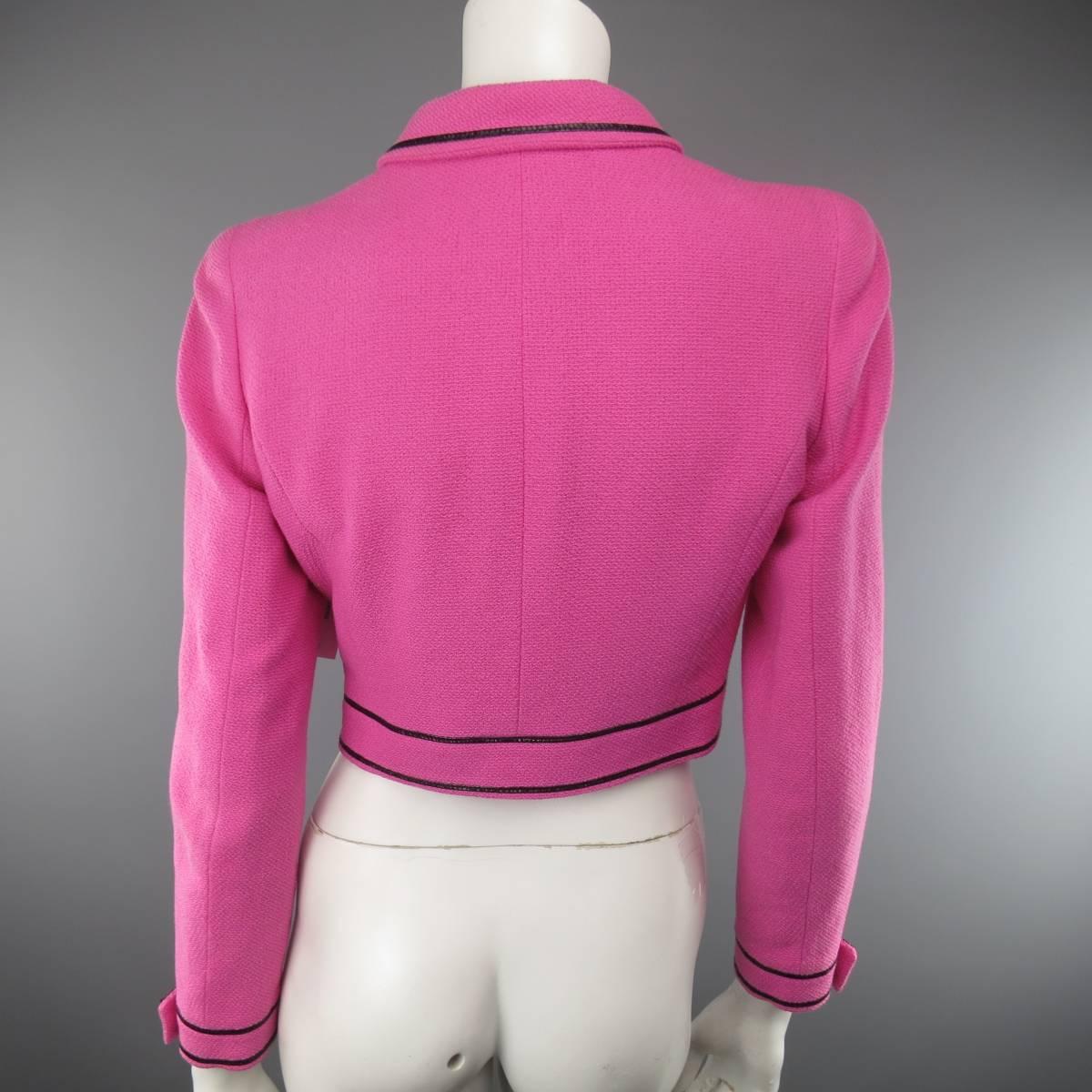 Women's Vintage CHANEL 1995 8 Fuchsia Pink Collared Black Patent Piping Cropped Jacket