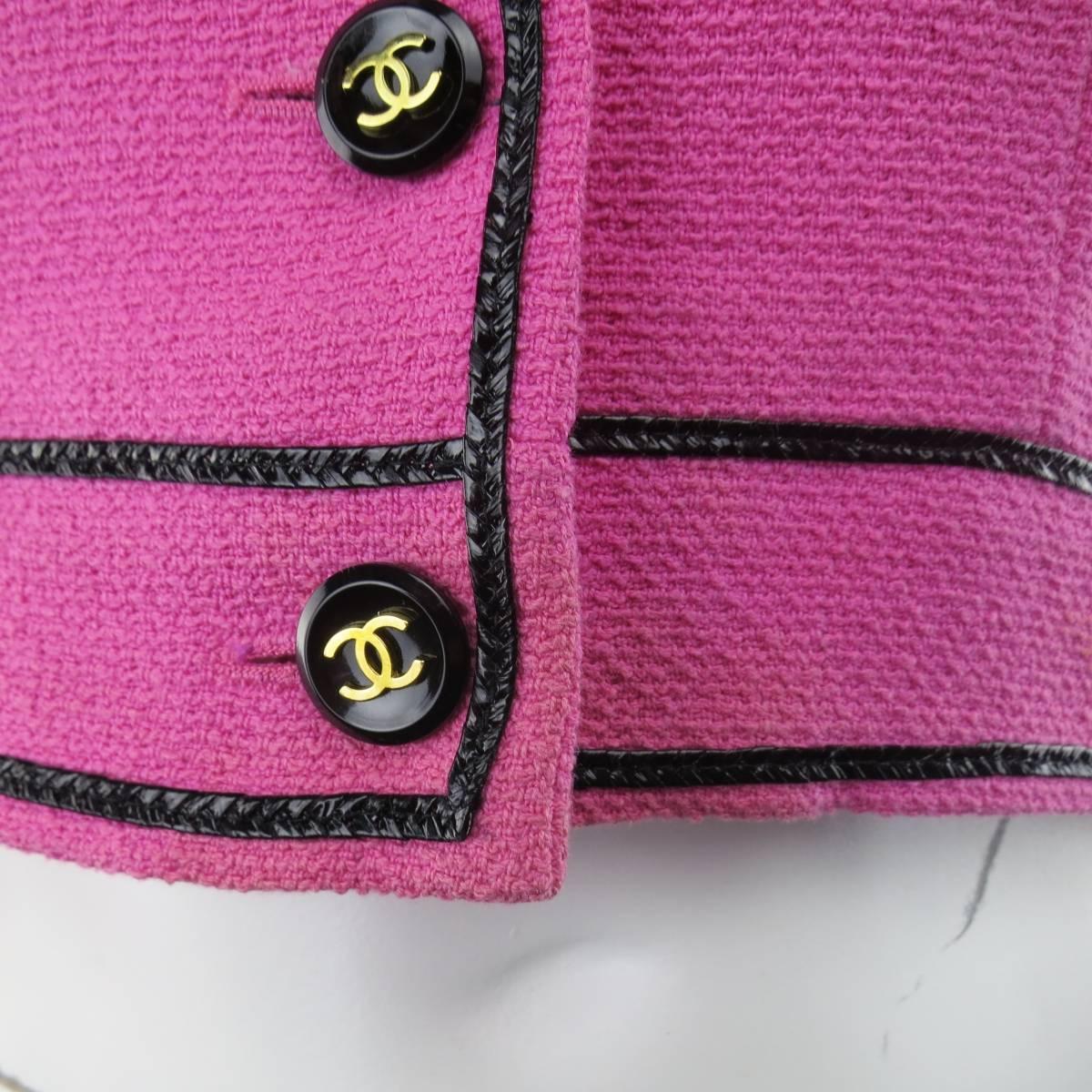 Vintage CHANEL 1995 8 Fuchsia Pink Collared Black Patent Piping Cropped ...