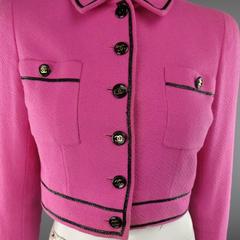 Vintage CHANEL 1995 8 Fuchsia Pink Collared Black Patent Piping Cropped Jacket