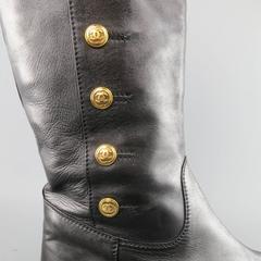 Vintage CHANEL Size 11 Black Leather Knee High Gold Button Boots