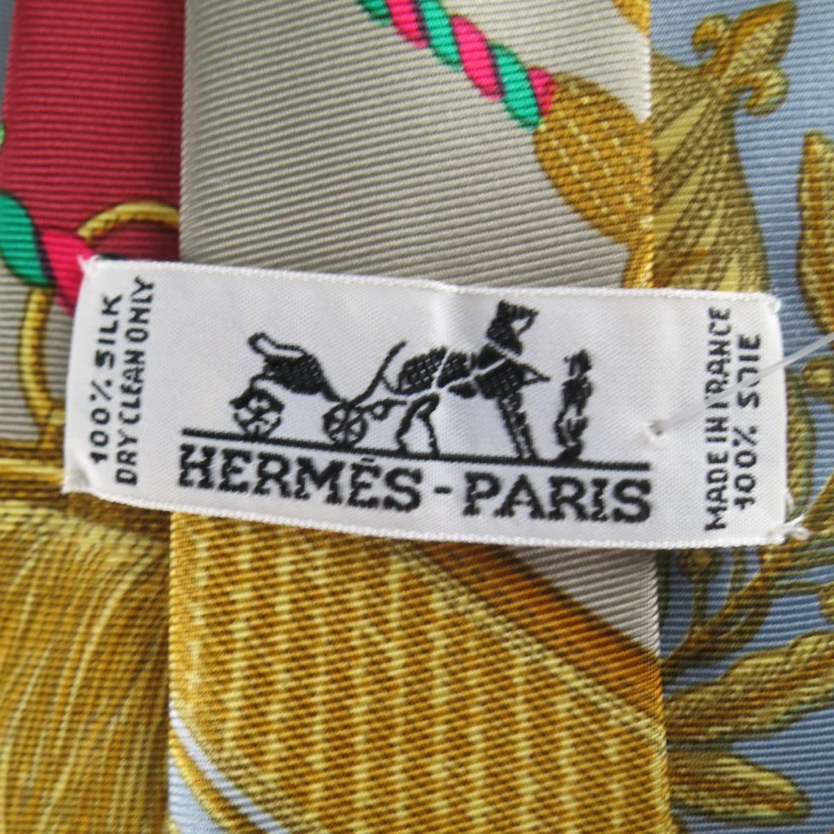 HERMES Gray Gold & Red Poste et Cavalerie Print Silk Tie 2