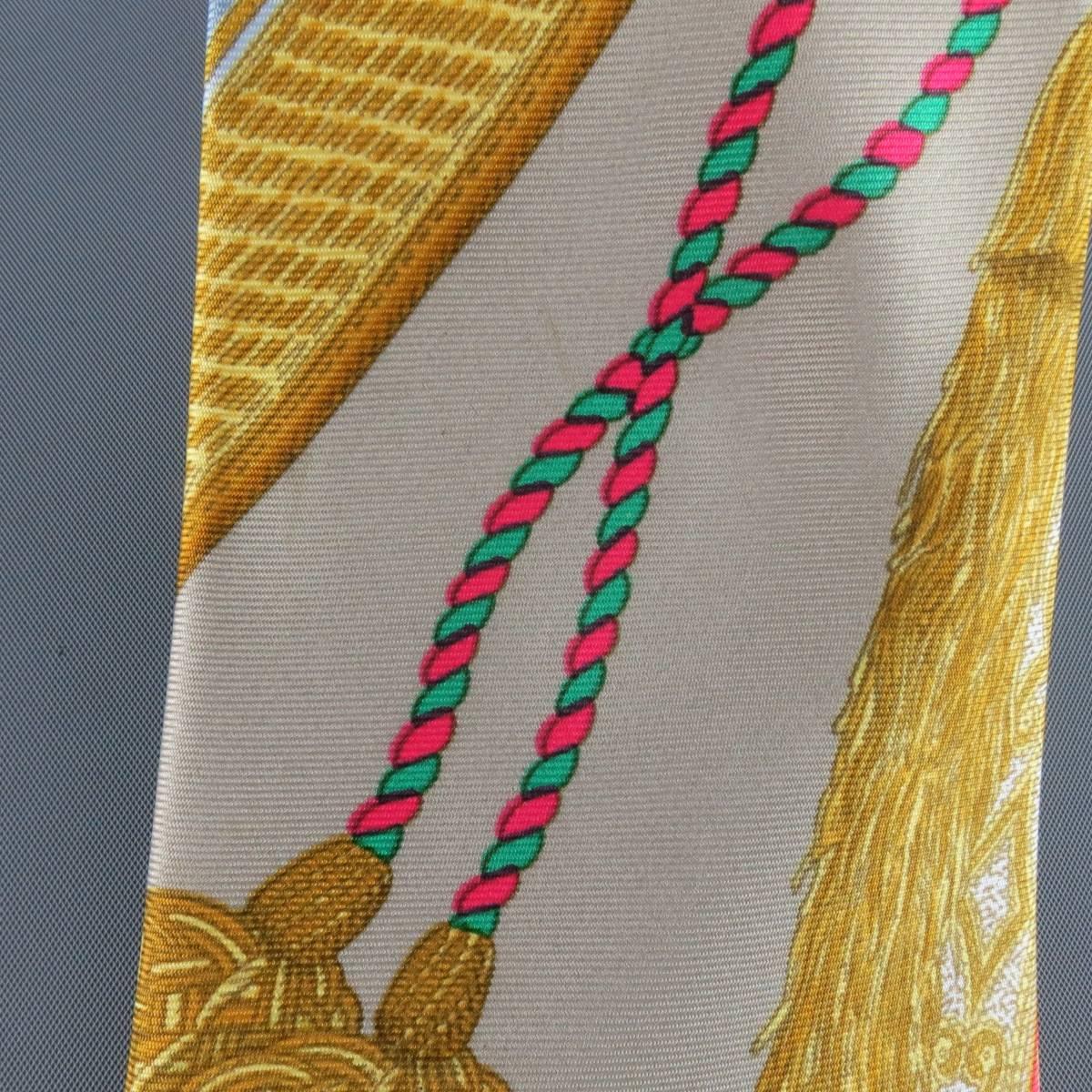 HERMES Gray Gold & Red Poste et Cavalerie Print Silk Tie 1