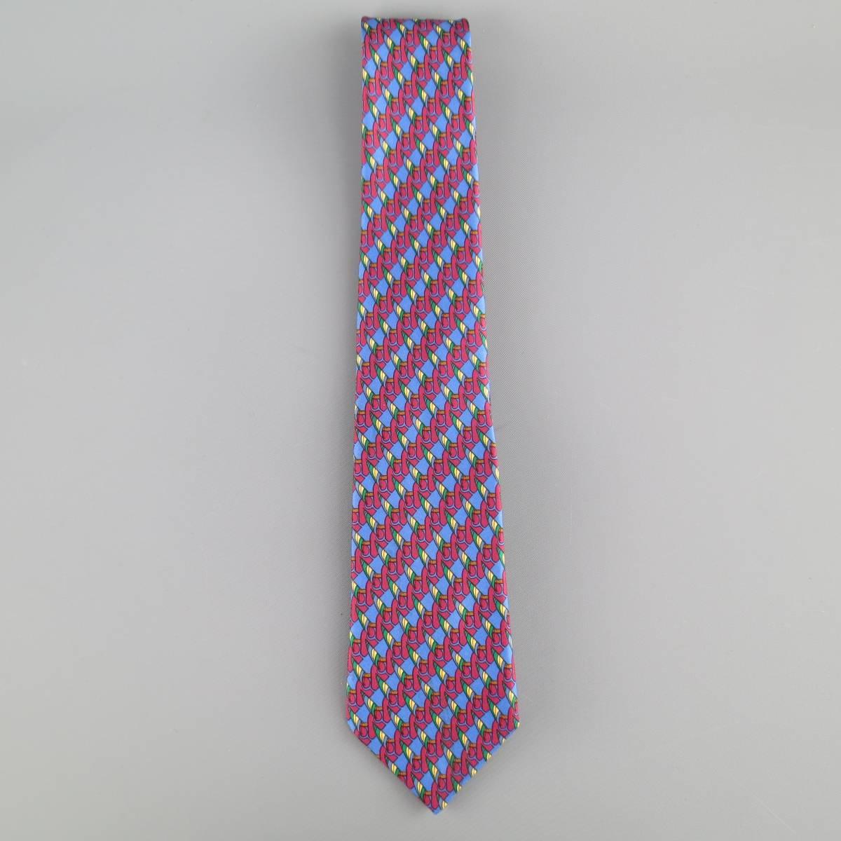 Gray HERMES Blue Burgundy & Green Abstract Sailboat Print Silk Tie