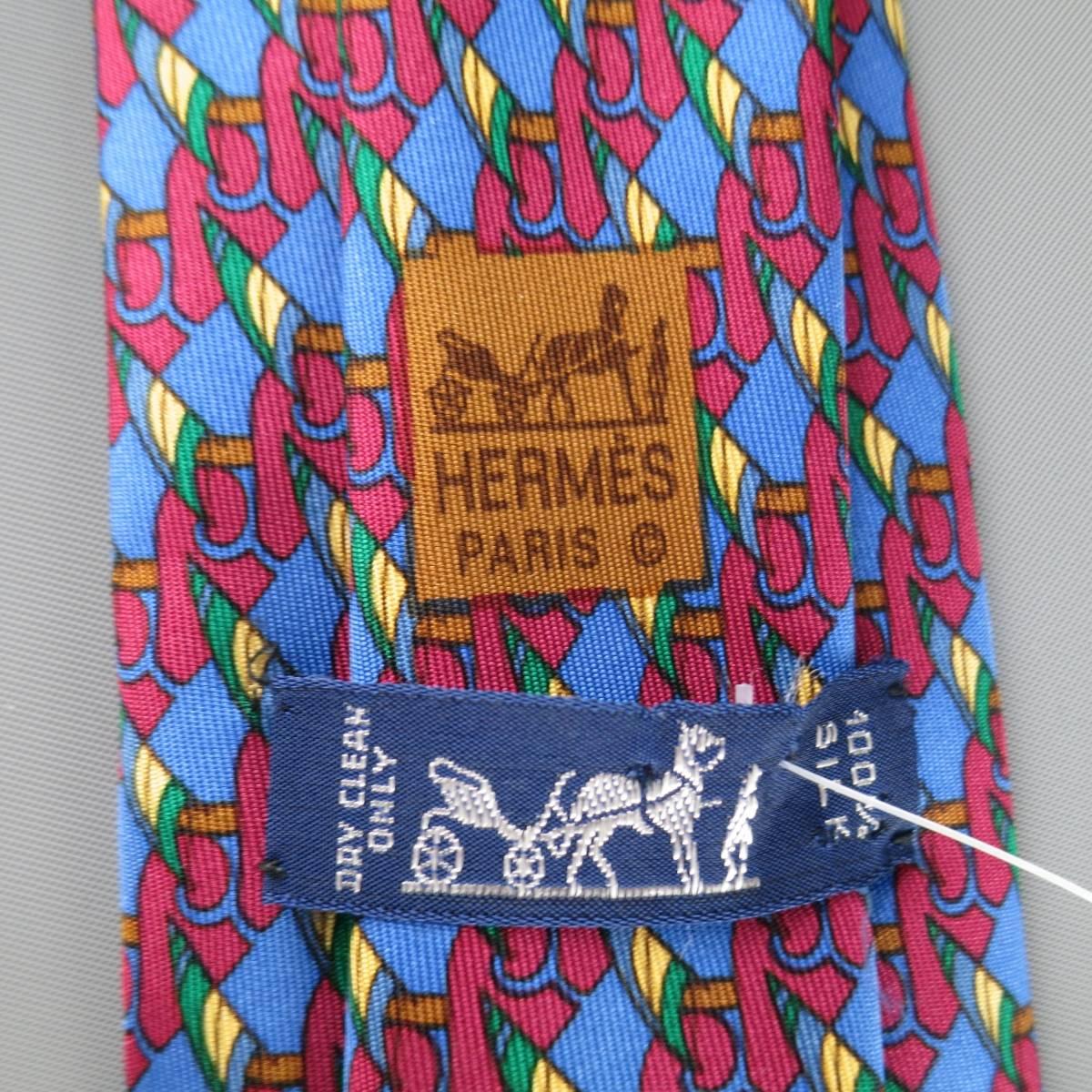 HERMES Blue Burgundy & Green Abstract Sailboat Print Silk Tie In Good Condition In San Francisco, CA