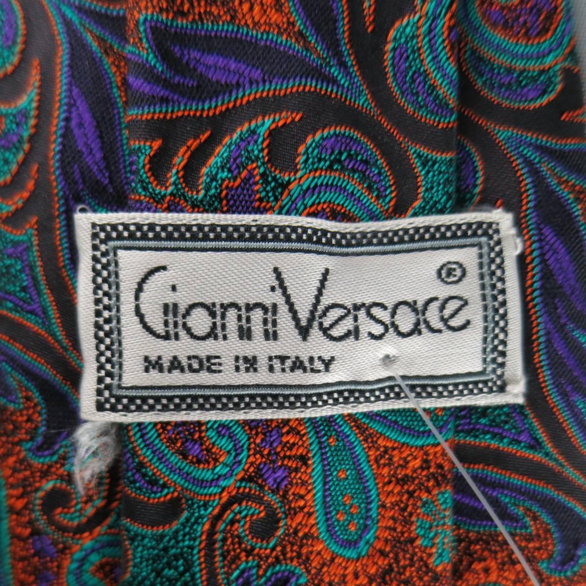 Gray Vintage GIANNI VERSACE Purple Teal & Orange Paisley Brocade Print Silk Tie