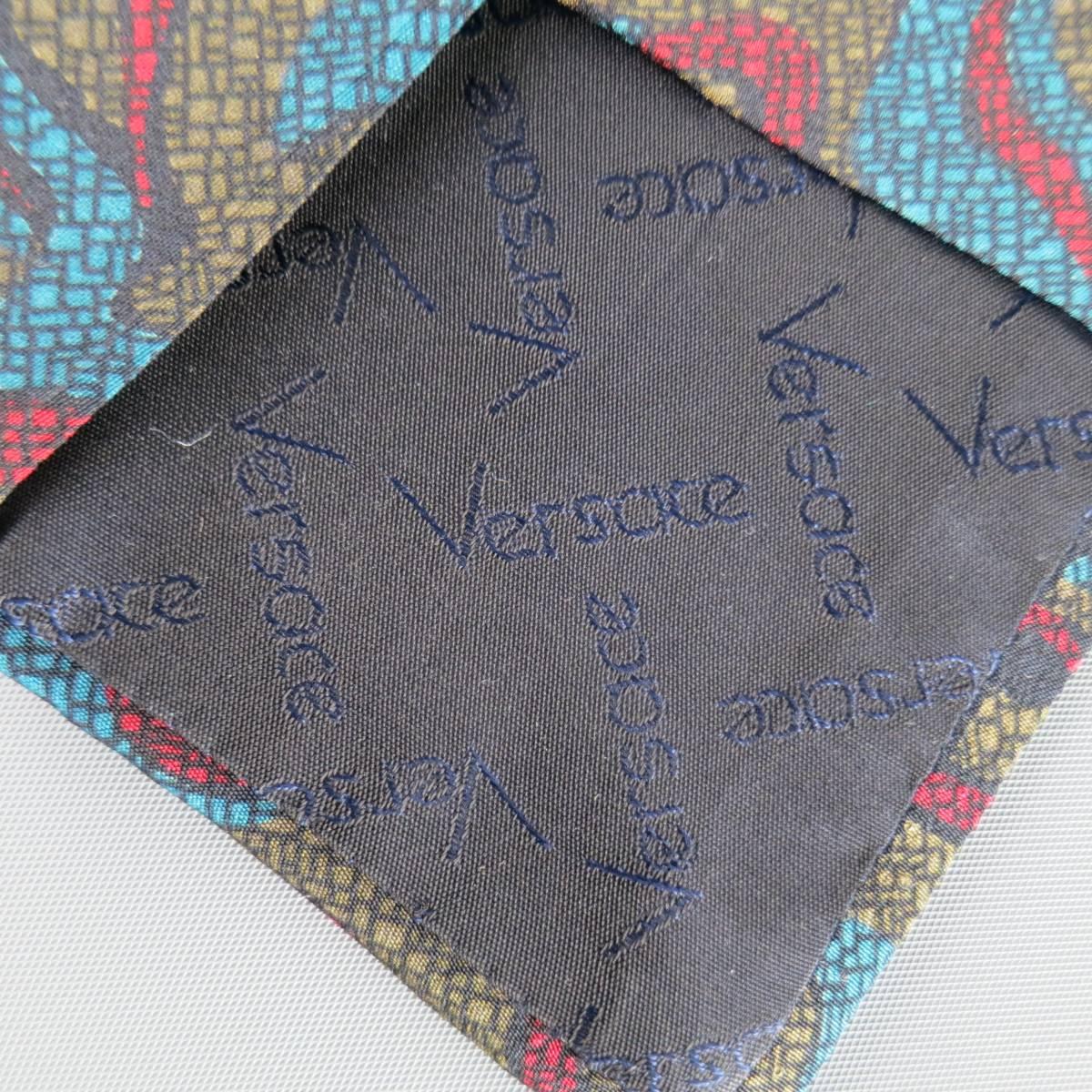 Gray Vintage 1980s GIANNI VERSACE Tie -  Olive Red & Blue Abstract Print Silk