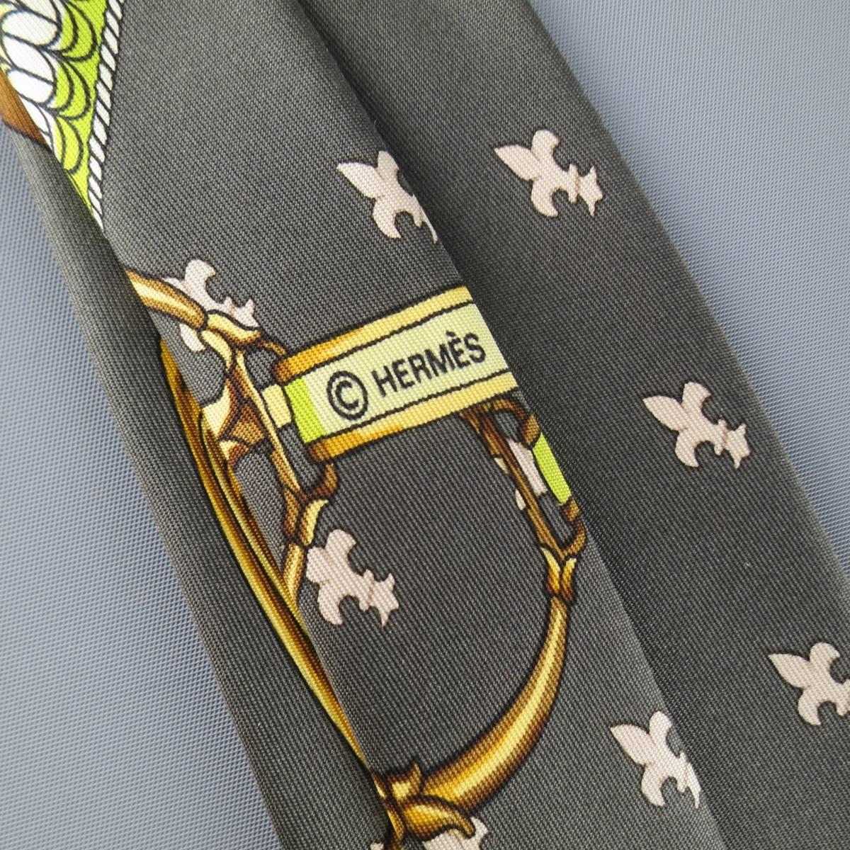 HERMES Gray Gold & Lime Green Brocade Belt Scarf Print Silk Tie 1