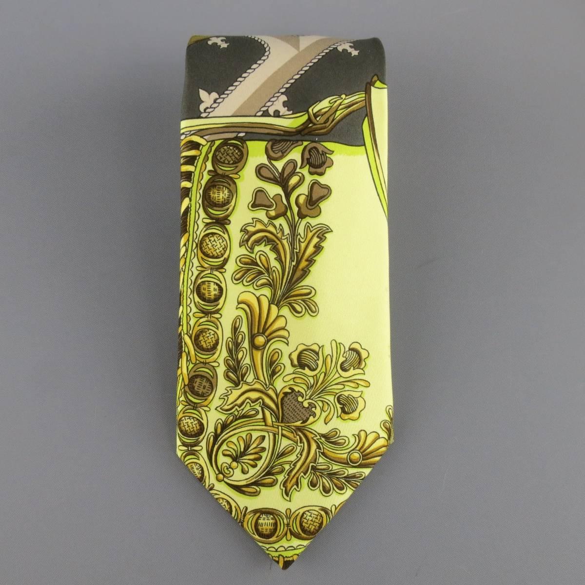 Brown HERMES Gray Gold & Lime Green Brocade Belt Scarf Print Silk Tie