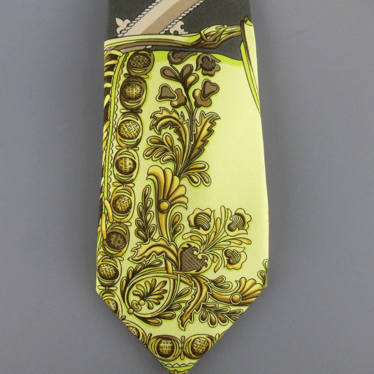 HERMES Gray Gold & Lime Green Brocade Belt Scarf Print Silk Tie In Fair Condition In San Francisco, CA