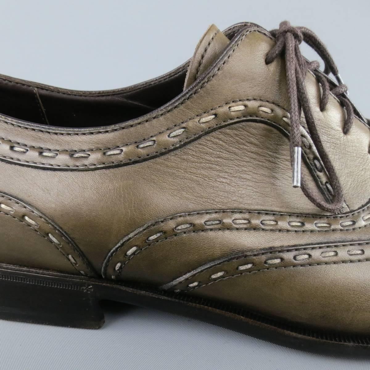 Brown Men's BOTTEGA VENETA Size 8.5 Olive Topstich Leather Wingtip Lace Up