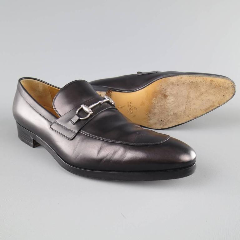 Men's GUCCI Size 11 Black Leather Silver Horsebit Loafers at 1stDibs ...