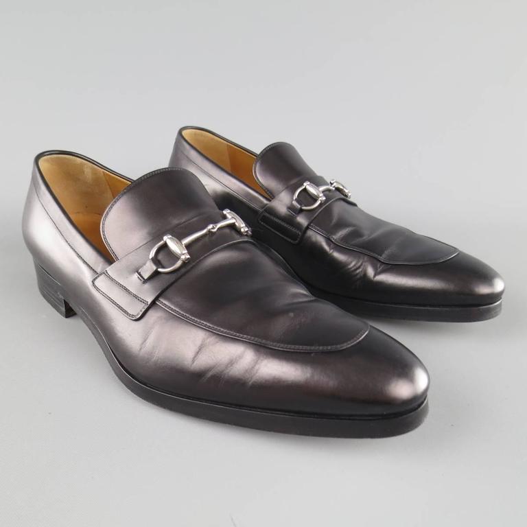 Men's GUCCI Size 11 Black Leather Silver Horsebit Loafers at 1stDibs