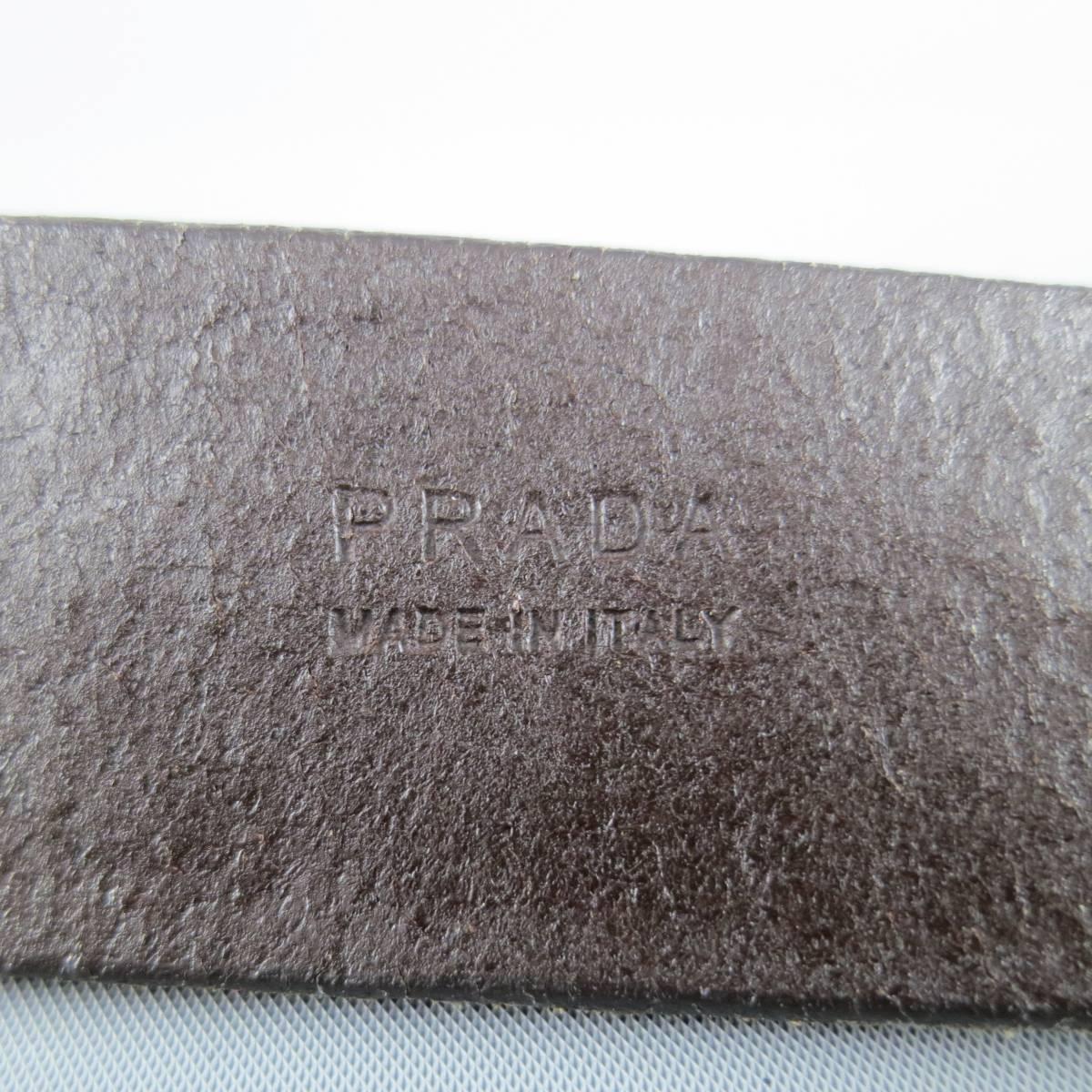 PRADA Size 40 Brown FLoral Embossed Leather Silver Logo Buckle Belt In Good Condition In San Francisco, CA