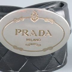 PRADA Size 42 Black Woven Leather Silver Oval Logo Buckle Belt