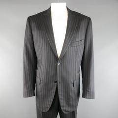 Men's ISAIA 48 Long Charcoal & Blue Pinstripe Wool / Silk 38 34 Suit