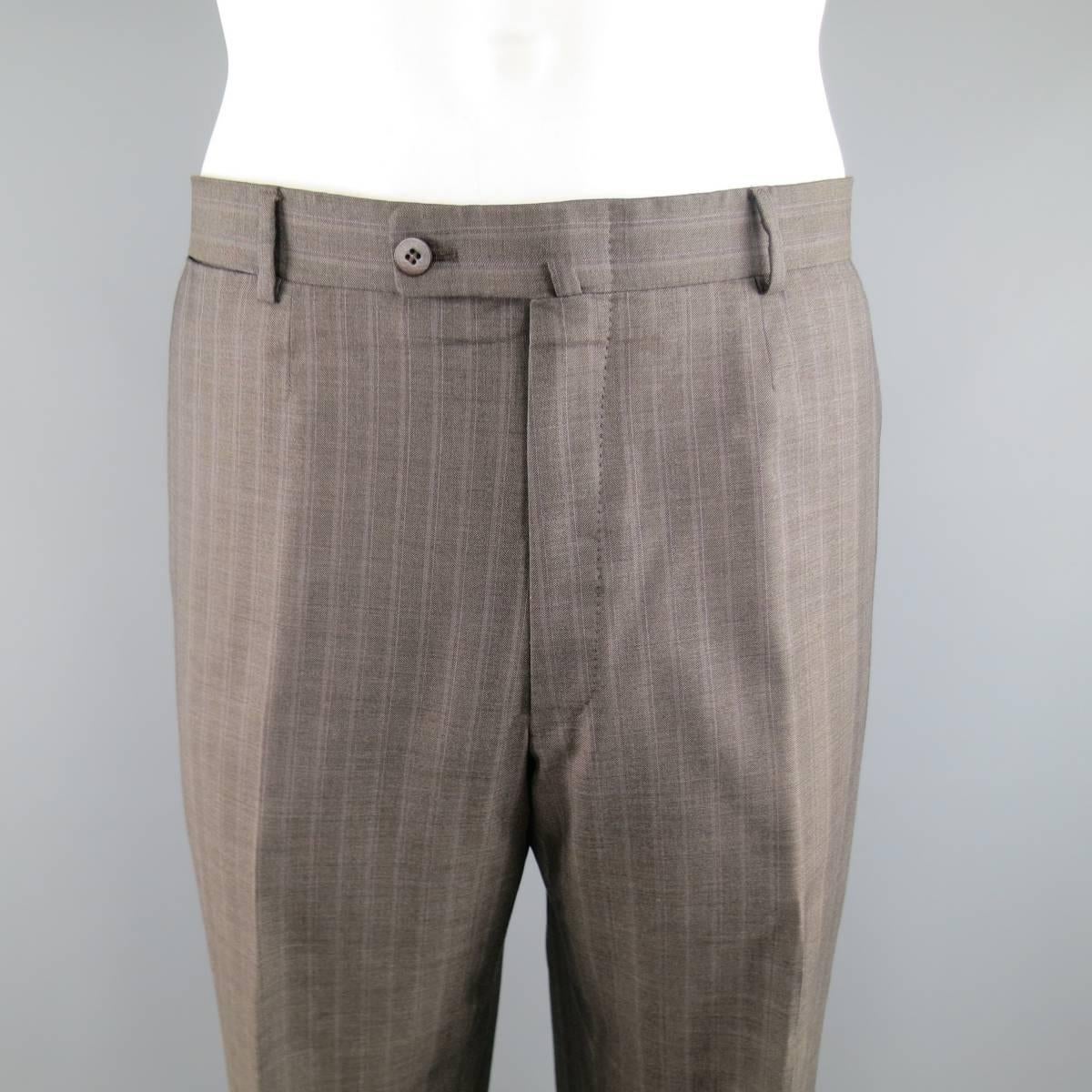 Men's ISAIA 46 Long Taupe & Lavender Stripe Wool Notch Lapel 2 Pc Suit 3