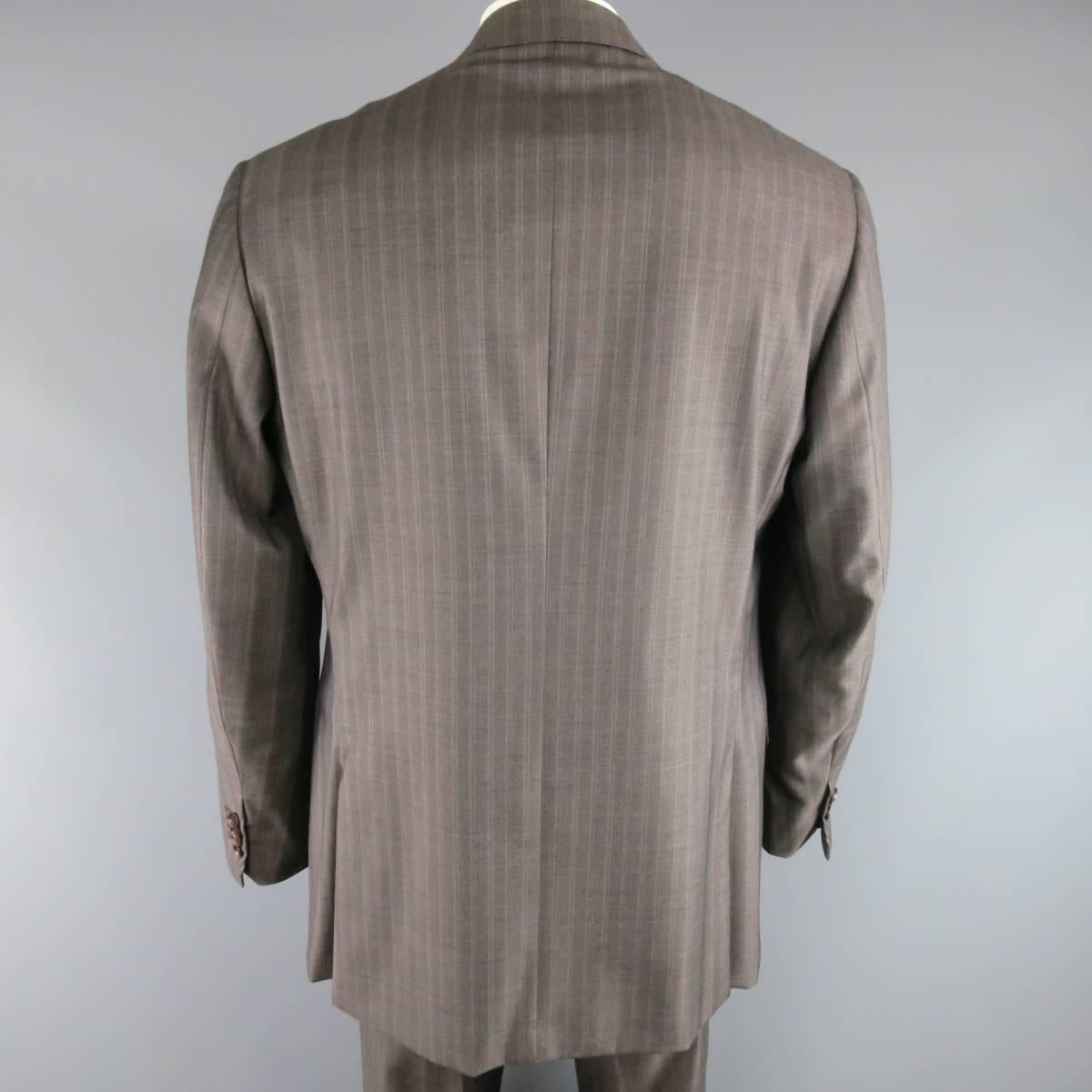Men's ISAIA 46 Long Taupe & Lavender Stripe Wool Notch Lapel 2 Pc Suit 1