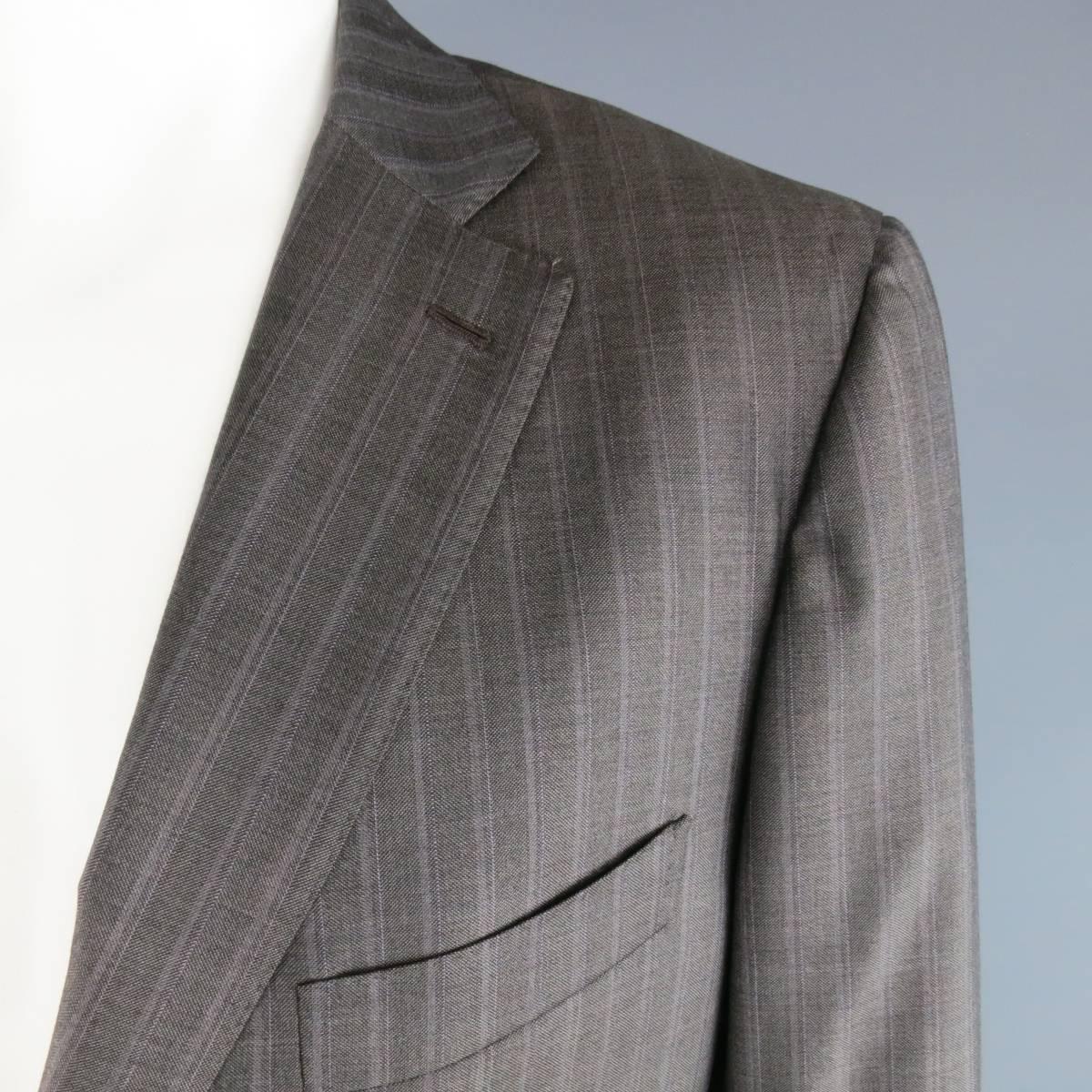 Gray Men's ISAIA 46 Long Taupe & Lavender Stripe Wool Notch Lapel 2 Pc Suit