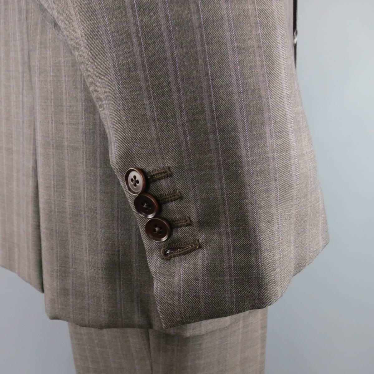 Men's ISAIA 46 Long Taupe & Lavender Stripe Wool Notch Lapel 2 Pc Suit In Excellent Condition In San Francisco, CA