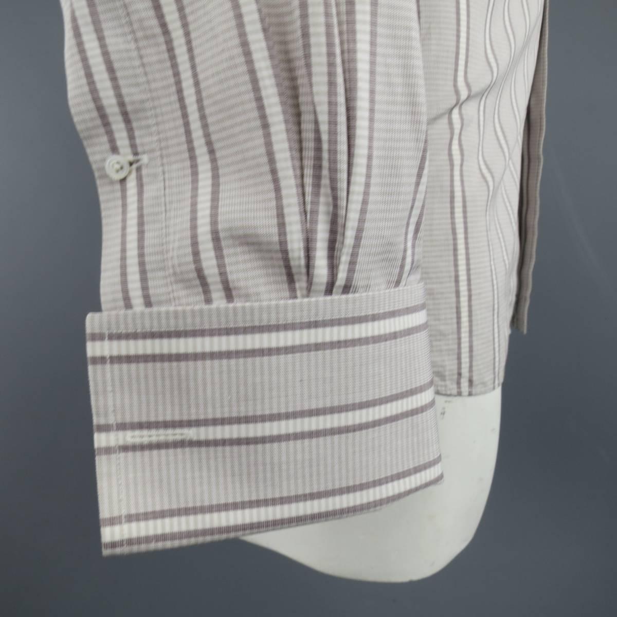 Gray TOM FORD Size M White & Taupe Stripe Cotton COntrast Collar French Cuff Shirt