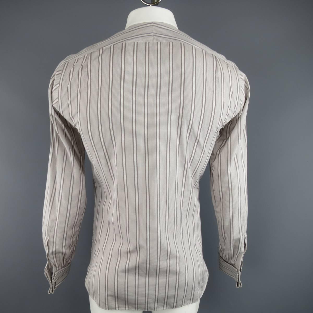 TOM FORD Size M White & Taupe Stripe Cotton COntrast Collar French Cuff Shirt In Fair Condition In San Francisco, CA