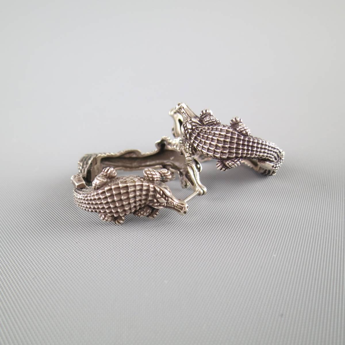 Vintage KIESELSTEIN-CORD Sterling Silver AlligatorEngraved Hoop Earrings 3